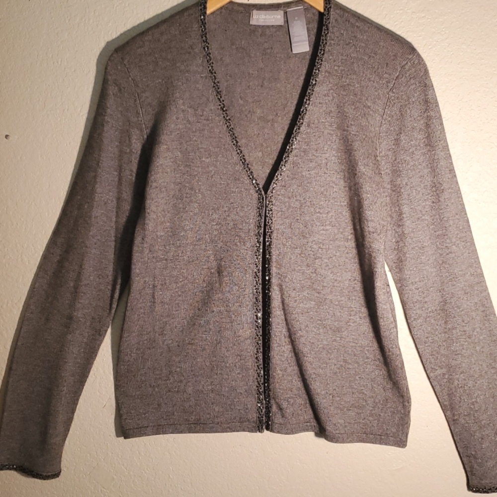SILK BEADED GRAY KNIT JACKET  SIZE M